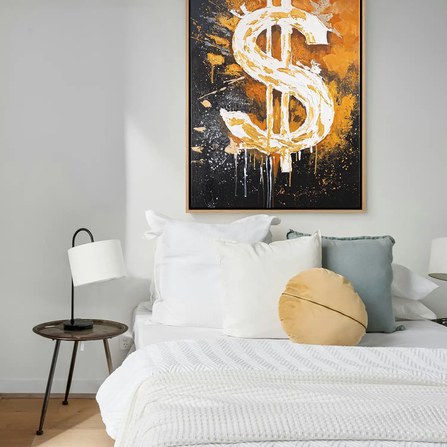 Leinwandbild 120x160 cm im Rahmen Eiche hell in Schwarz und Orange – Abstrakte Darstellung von Motivation und Erfolg – „Dollar“