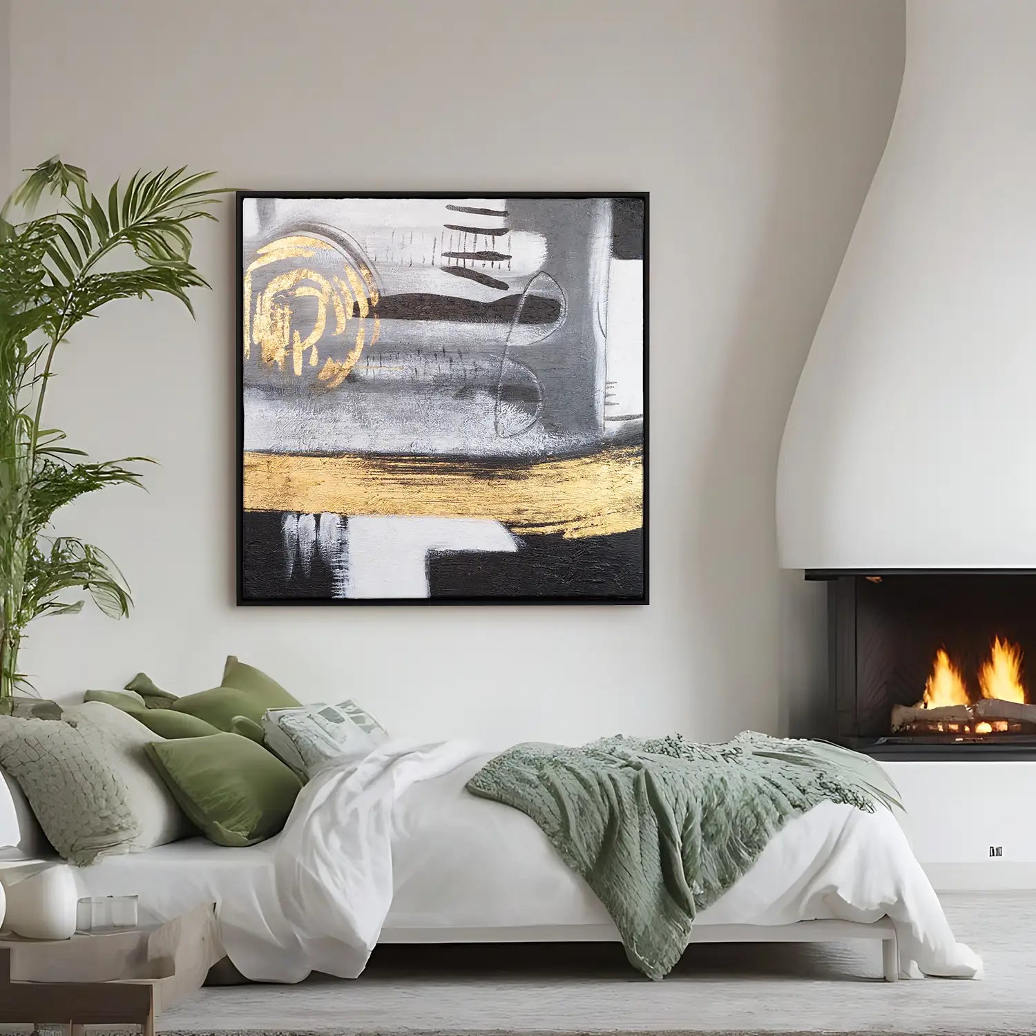 Leinwandbild handgemalt 120x120 cm im Schattenfugenrahmen Schwarz, moderne Abstraktion in Gold und Grau – „Goldenes Jetzt“