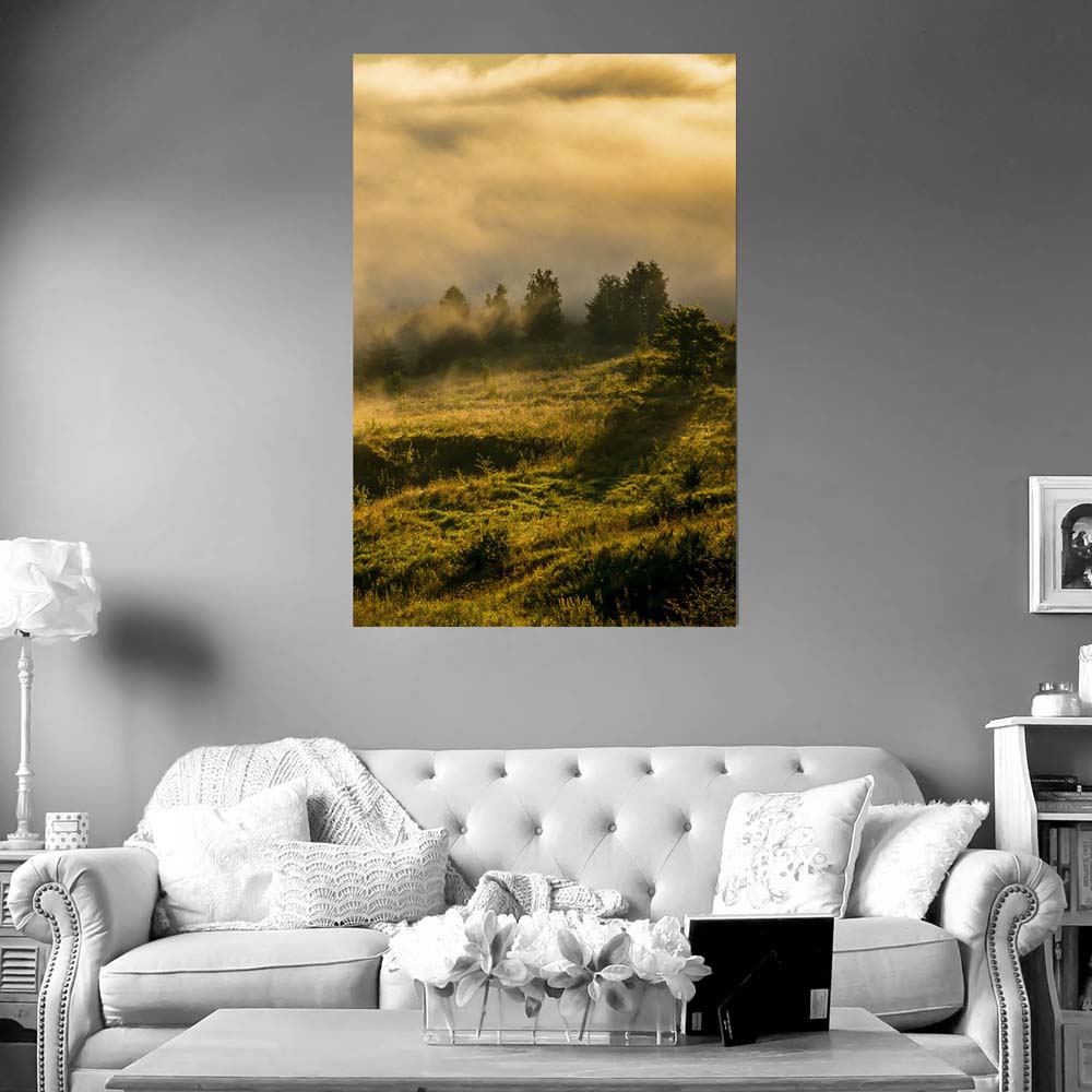 Wald Wiese Nebel am Morgen Poster XXL 100x150cm im Hochformat