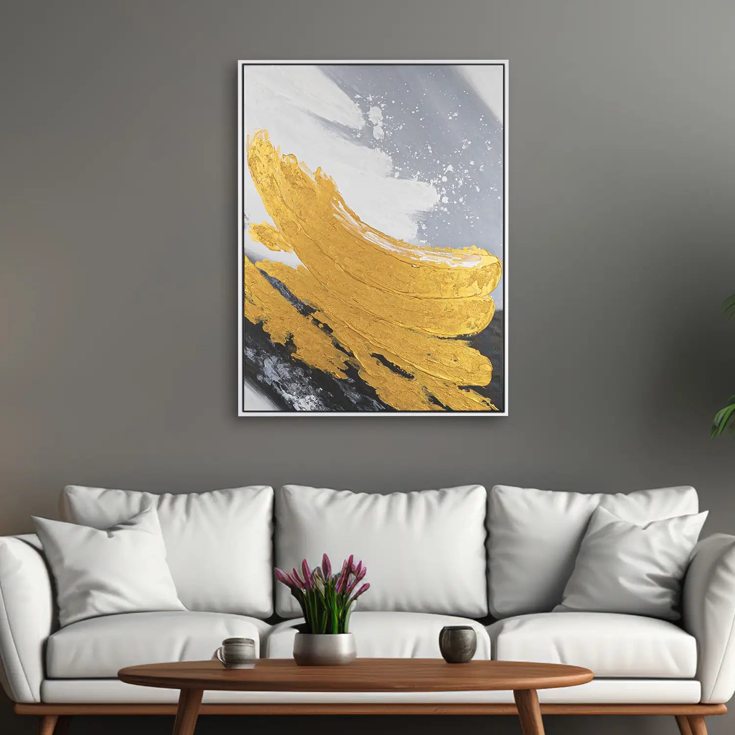 Gemälde 150x200 cm im Schattenfugenrahmen Weiß, abstrakte Komposition in goldenen, weißen und grauen Tönen – „Goldene Reflexionen“