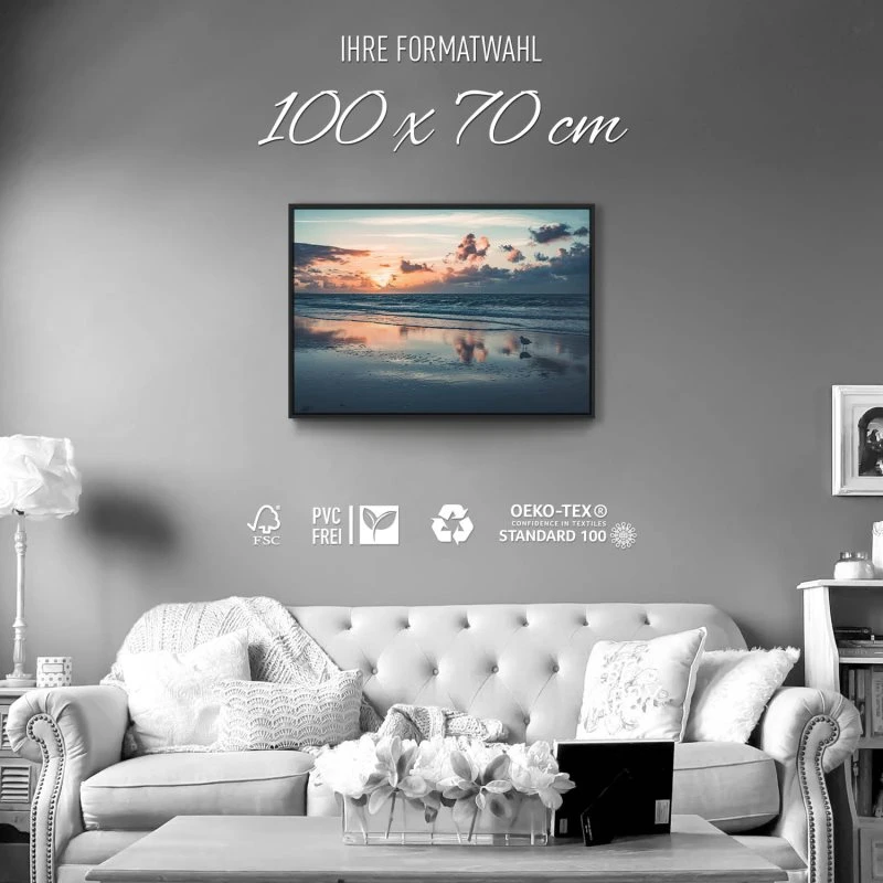 Strand & Meer Sonnenuntergang Nordsee im schwarzen Bilderrahmen, 100x70cm