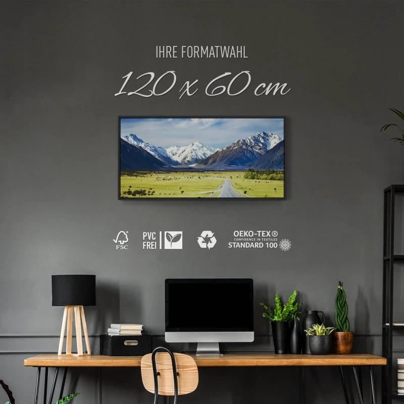 Berge & Gebirge Neuseeland südliche Alpen im schwarzen Bilderrahmen, 120x60cm