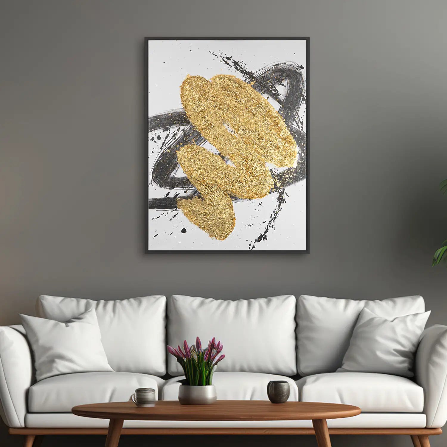 Gemälde 90x120 cm im Schattenfugenrahmen Schwarz, handgemalt mit Acrylfarbe und Strukturpaste – ein abstraktes Spiel von Licht und Dunkelheit in Gold und Weiß – „Harmonie des Unbekannten“