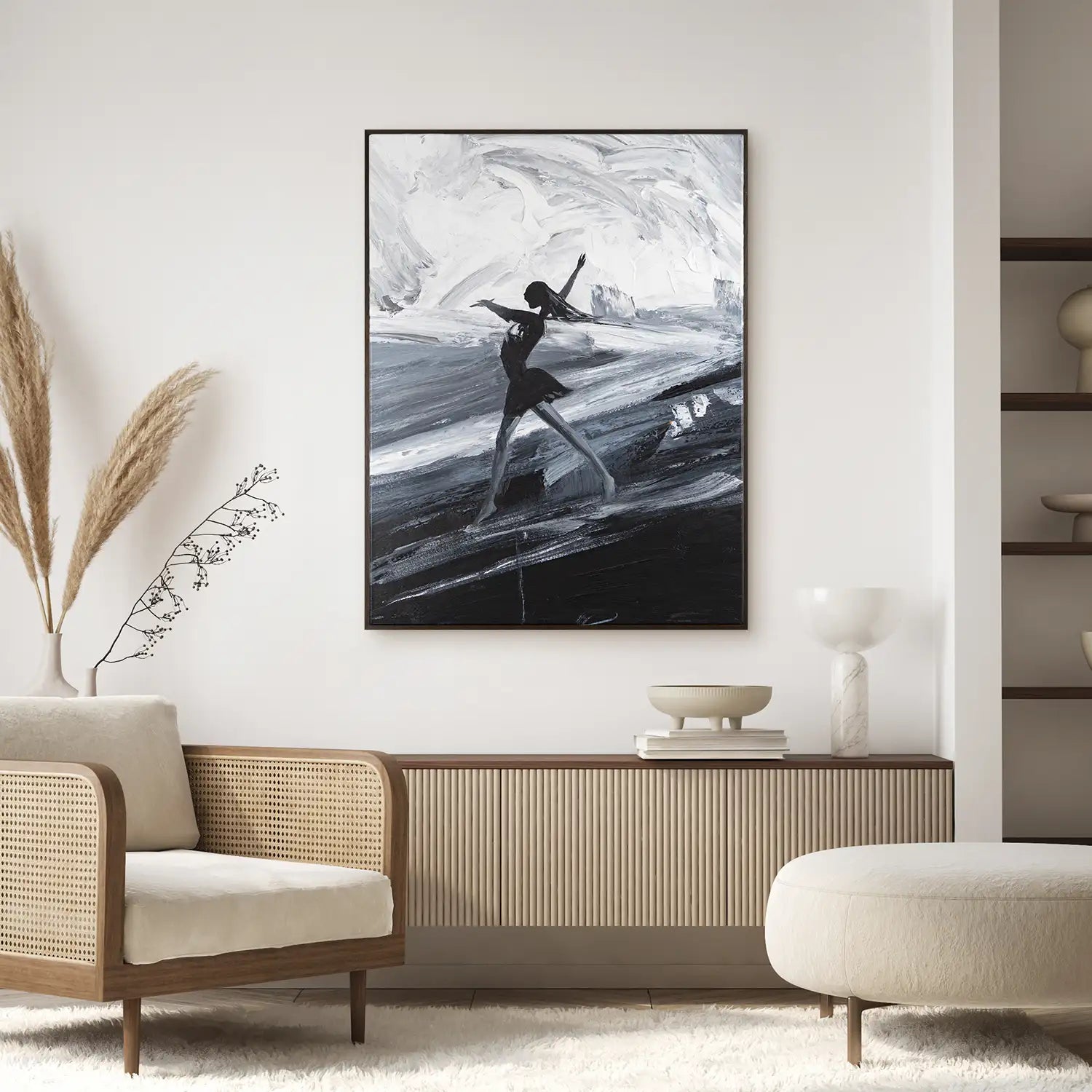 Wandbild echt handgemalt 150x200 cm im Rahmen Eiche dunkel, abstrakte Eleganz in Schwarz, Weiß und Grau – „Die Tänzerin“