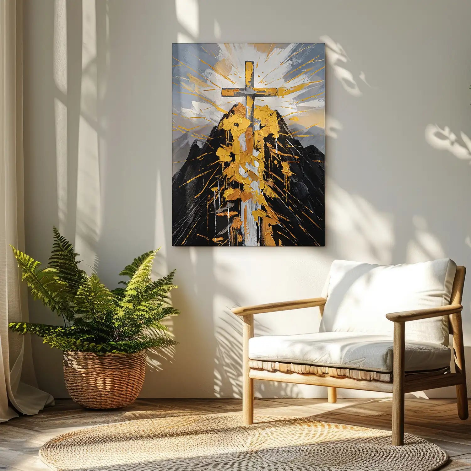 handgemaltes Gemälde 120x160 cm ohne Rahmen – ein Berg trägt das Kreuz der Erlösung in modernem, abstraktem Stil – „Berg der Vergebung“