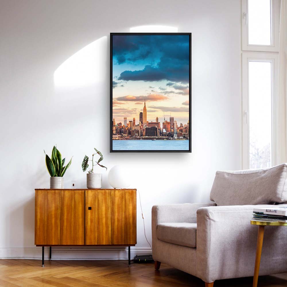 Skyline Panorama von New York im schwarzen Bilderrahmen, 200x150cm