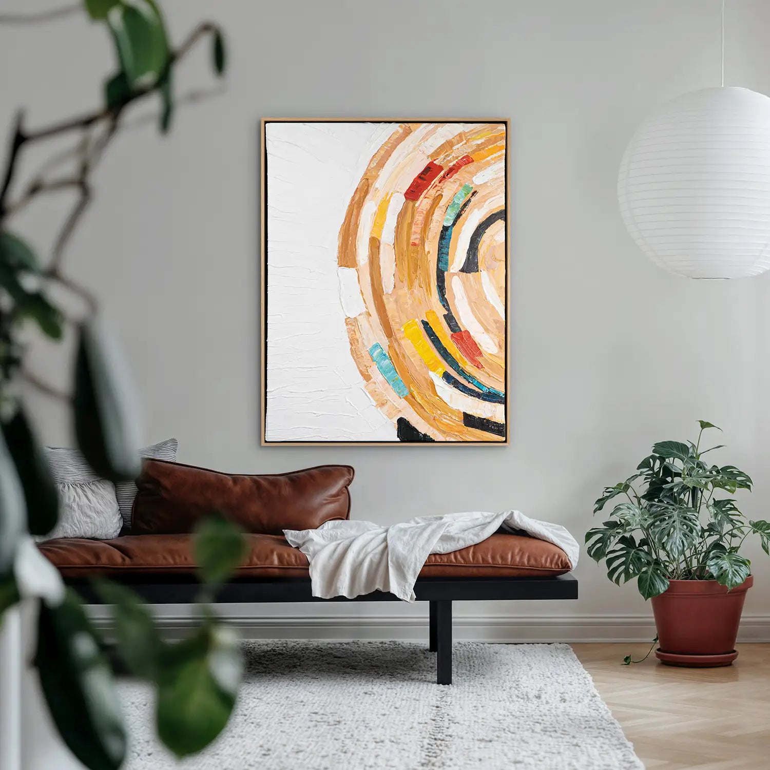 Wandbild 90x120 cm im Rahmen Eiche hell, handgemalt mit Acrylfarbe und Strukturpaste – ein abstrakter Dialog zwischen Grenzen und Freiheit, der die Sehnsucht nach Unendlichkeit verkörpert – „Sehnsucht nach