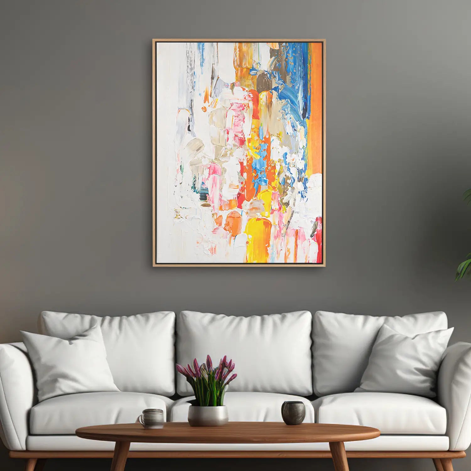 Wandbild echt handgemalt 75x100 cm im Rahmen Eiche hell, dynamischer Fluss in Weiß, Orange, Gelb und Blau – „Fluss der Gedanken“