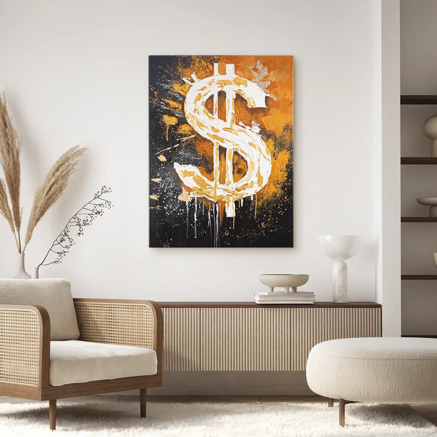 Gemälde 60x80 cm ohne Rahmen in Schwarz und Orange – ein abstraktes Spiel von Motivation und Erfolg, handgemalt mit Acryl und Strukturpaste – „Dollar“