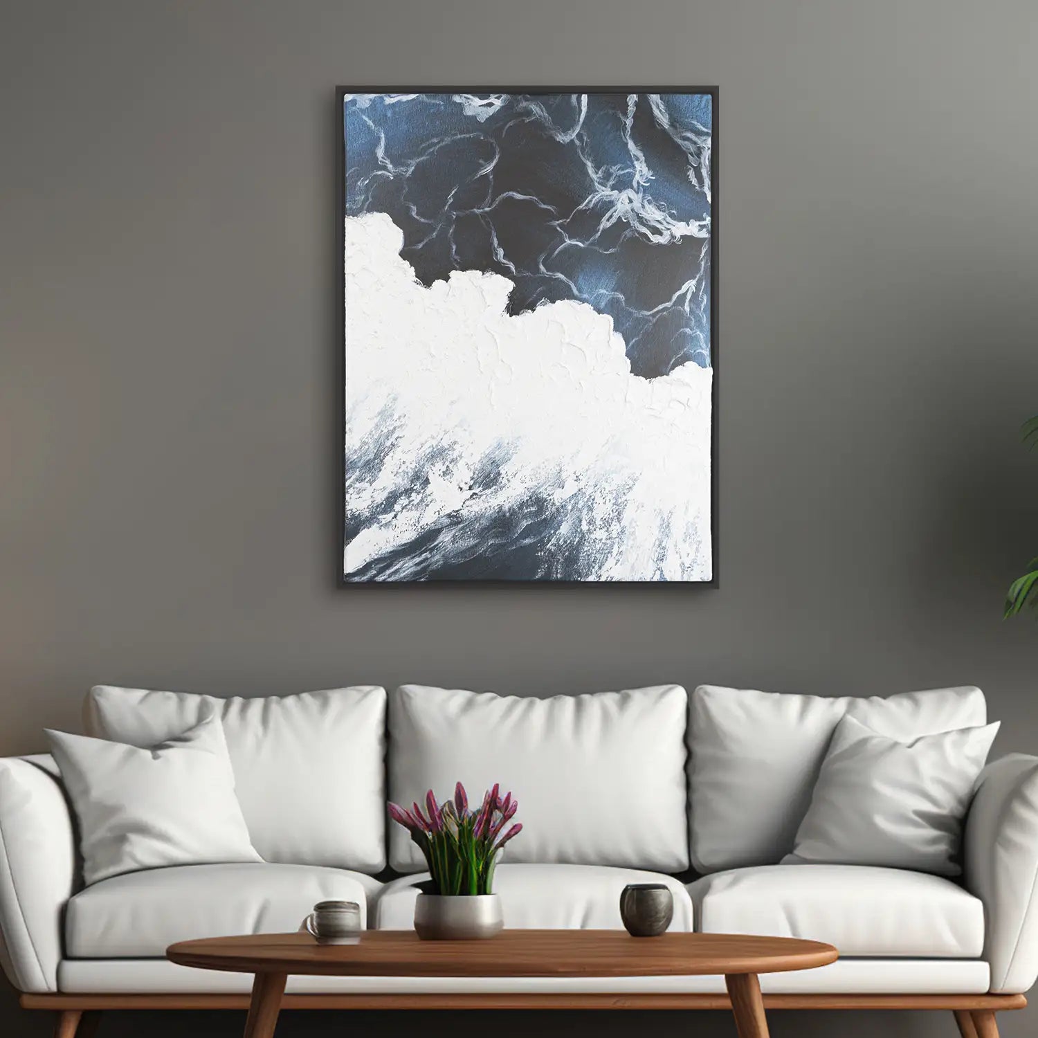 Wandbild 90x120 cm im Schattenfugenrahmen Schwarz, handgemalt mit Acrylfarbe und Strukturpaste – mediterrane Wellen des Lebens II – Polaritäten des Lebens II