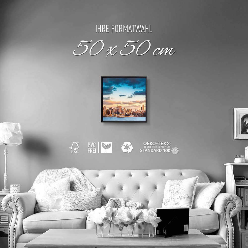 Skyline Panorama von New York im schwarzen Bilderrahmen, 50x50cm