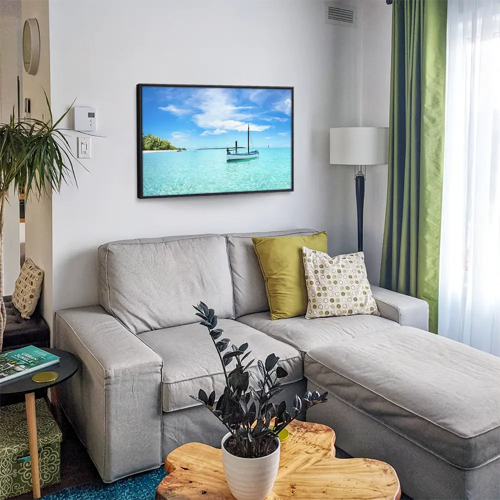 Strand & Meer Karibik Boot im schwarzen Bilderrahmen, 120x60cm