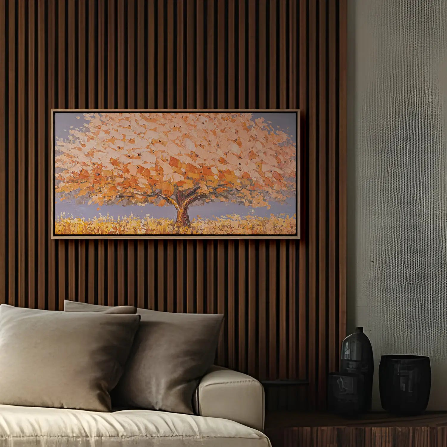 Wandbild 200x100 cm im Rahmen Eiche hell, handgemalt mit Acryl und Strukturpaste – ein abstrakter Baum in leuchtendem Orange und sanftem Beige, der die Dualität der Natur verkörpert – „Dualität der Natur“