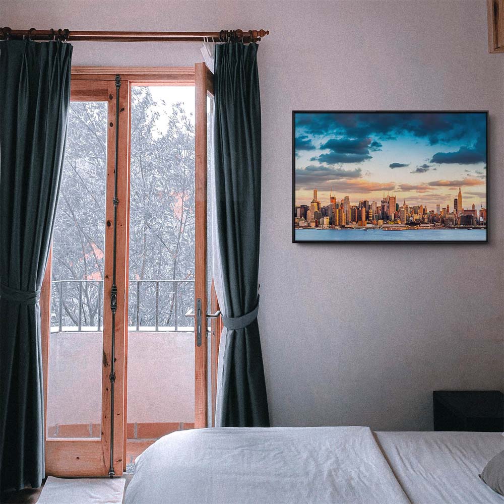 Skyline Panorama von New York im schwarzen Bilderrahmen, 200x150cm