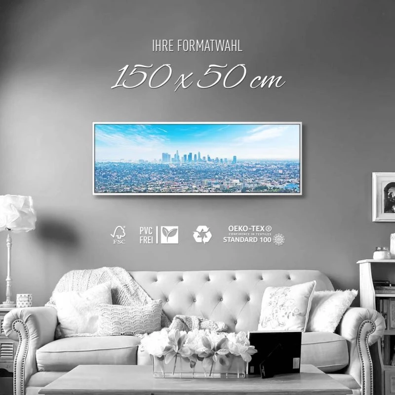 Skyline Los Angeles Panorama im weißen Bilderrahmen, 150x50cm