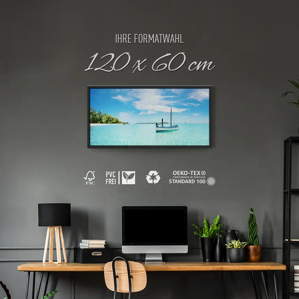 Strand & Meer Karibik Boot im schwarzen Bilderrahmen, 120x60cm
