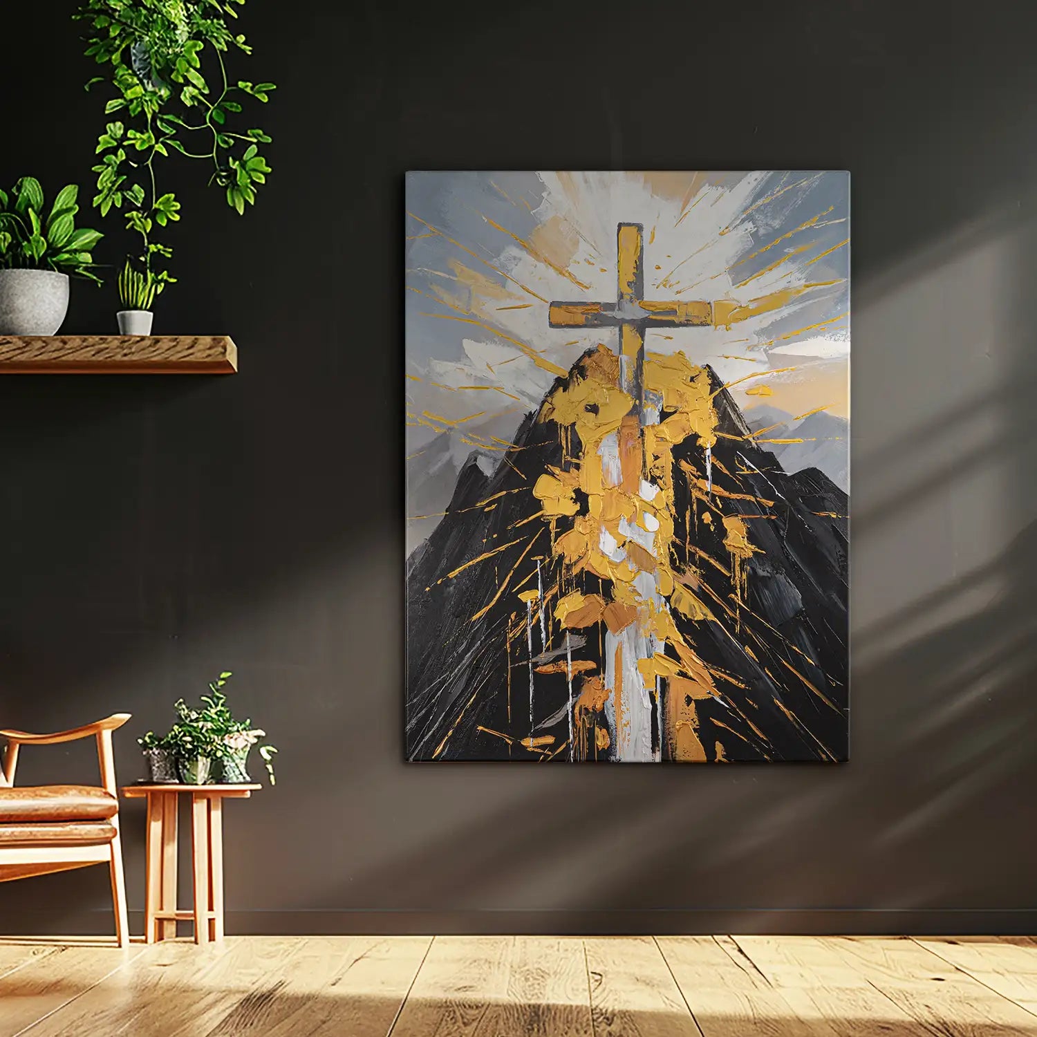 handgemaltes Gemälde 120x160 cm ohne Rahmen – ein Berg trägt das Kreuz der Erlösung in modernem, abstraktem Stil – „Berg der Vergebung“