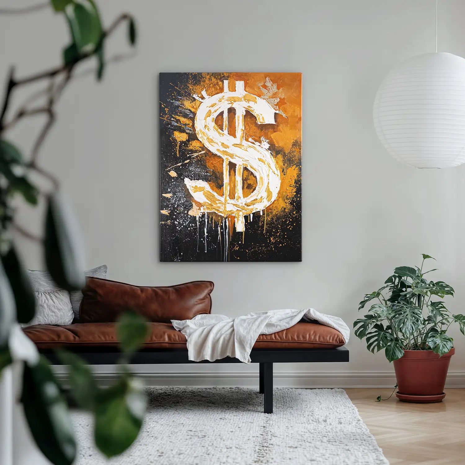 Gemälde 60x80 cm ohne Rahmen in Schwarz und Orange – ein abstraktes Spiel von Motivation und Erfolg, handgemalt mit Acryl und Strukturpaste – „Dollar“