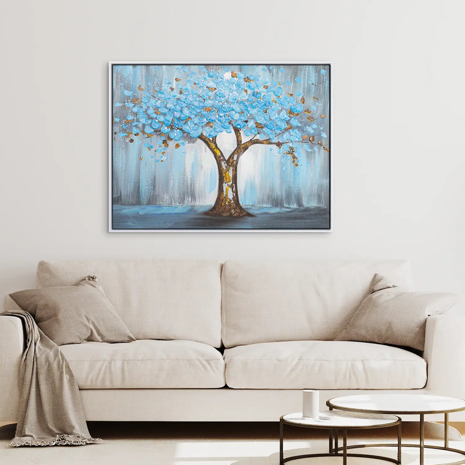 Gemälde 160x120 cm im Schattenfugenrahmen Weiß, handgemalt mit Acrylfarbe und Strukturpaste, abstrakter Baum der Natur – „Baum der Ewigkeit“