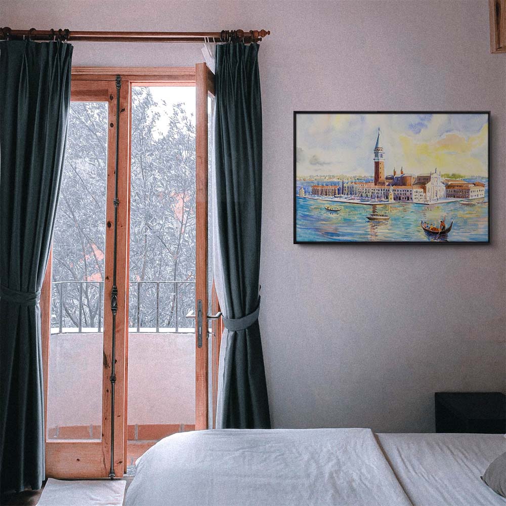 Skyline Venedig als Gemälde im schwarzen Bilderrahmen, 80x80cm