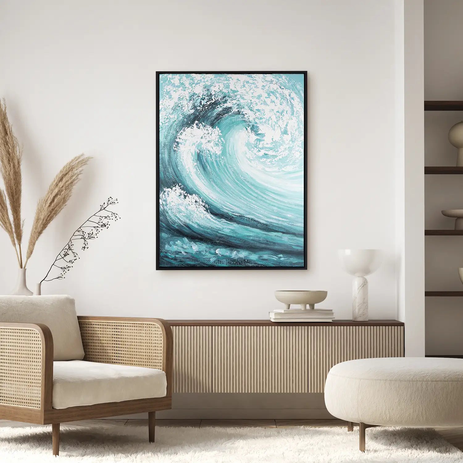 handgemaltes Gemälde 75x100 cm im Schattenfugenrahmen Schwarz, dynamische Explosion in Türkis und Weiß – „Das unendliche Spiel“