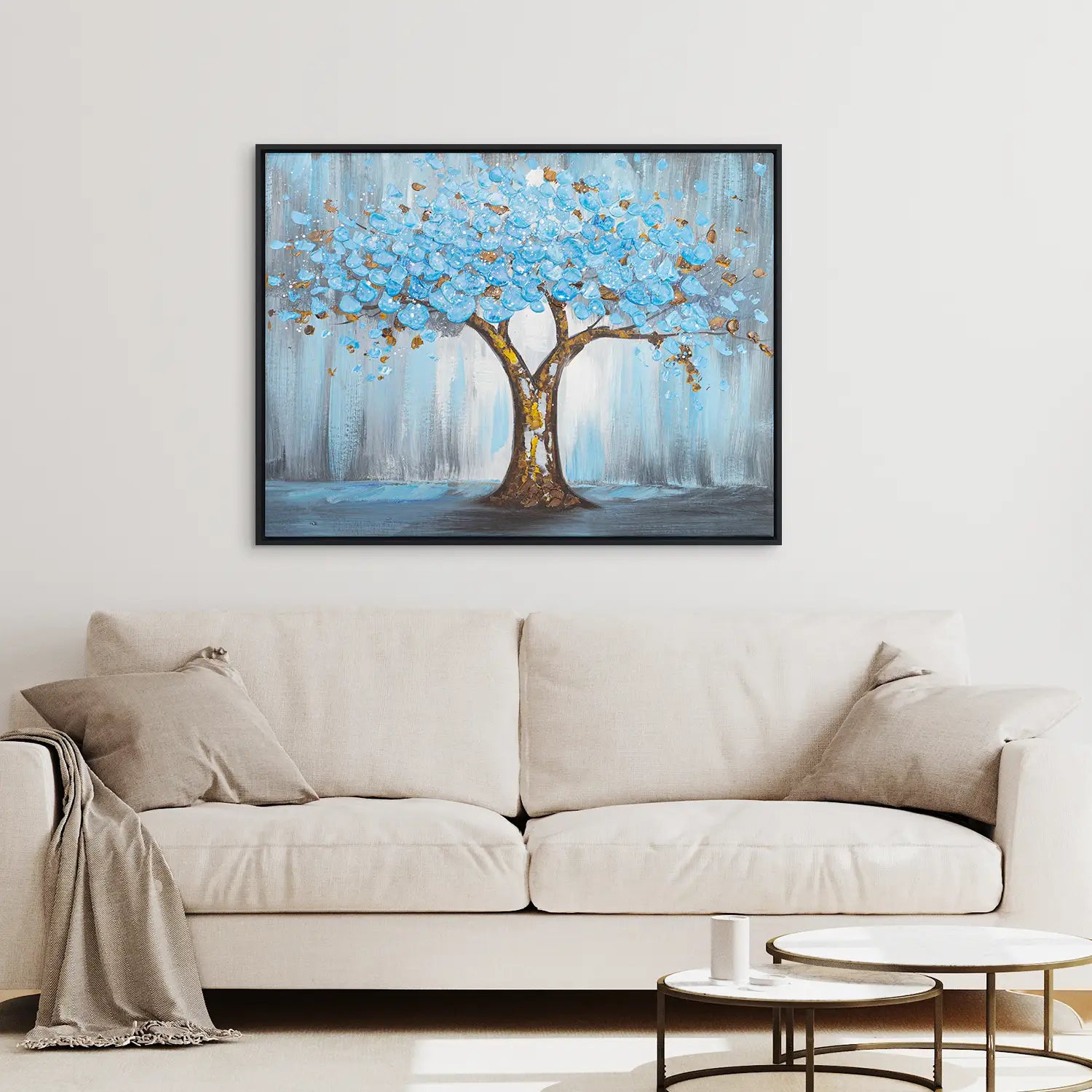 Gemälde 100x75 cm im Schattenfugenrahmen Schwarz, handgemalt mit Acrylfarbe und Strukturpaste, abstrakter Baum der Natur – „Baum der Ewigkeit“