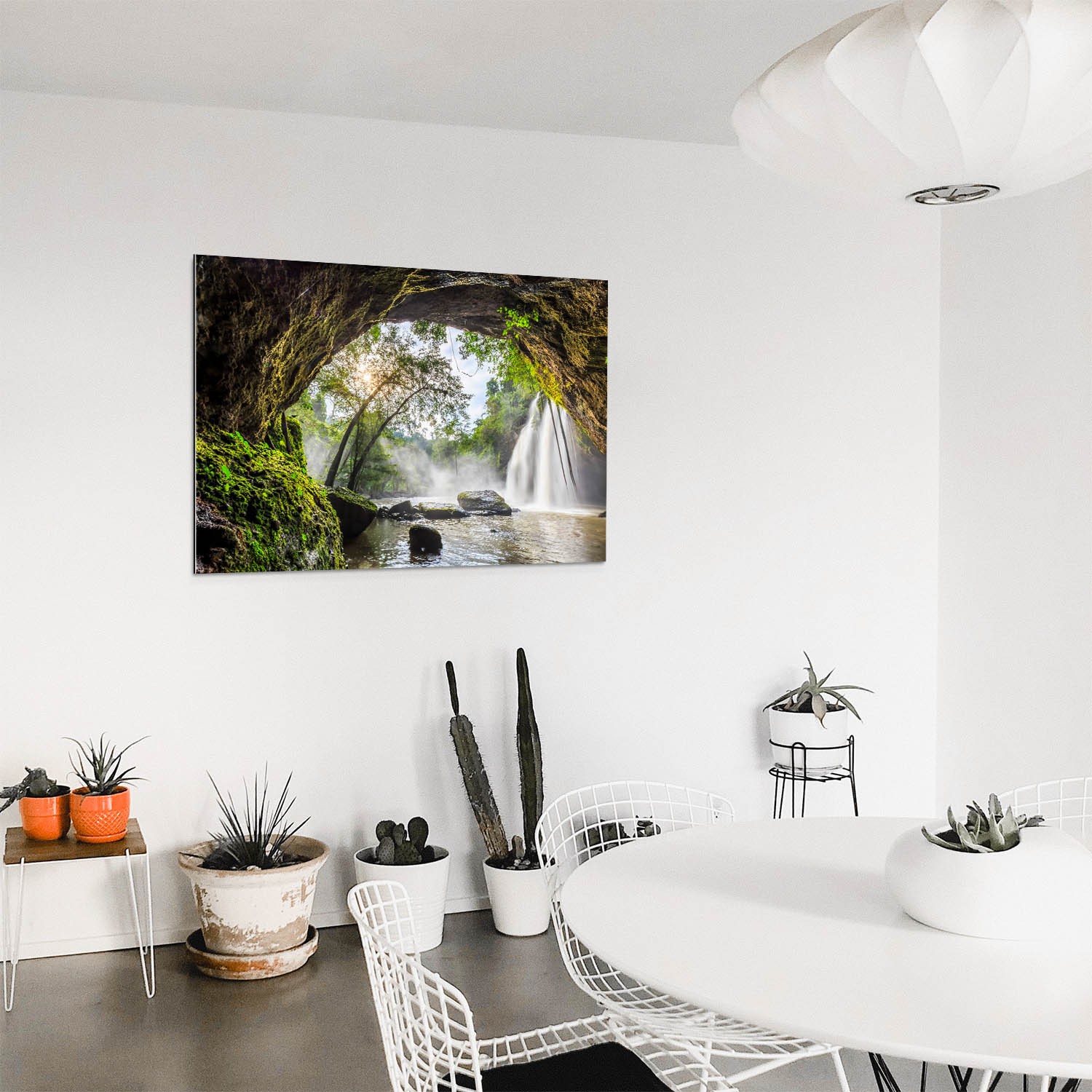 Regenwald Höhlenfall als Acrylglasverbund Bild 110x50cm