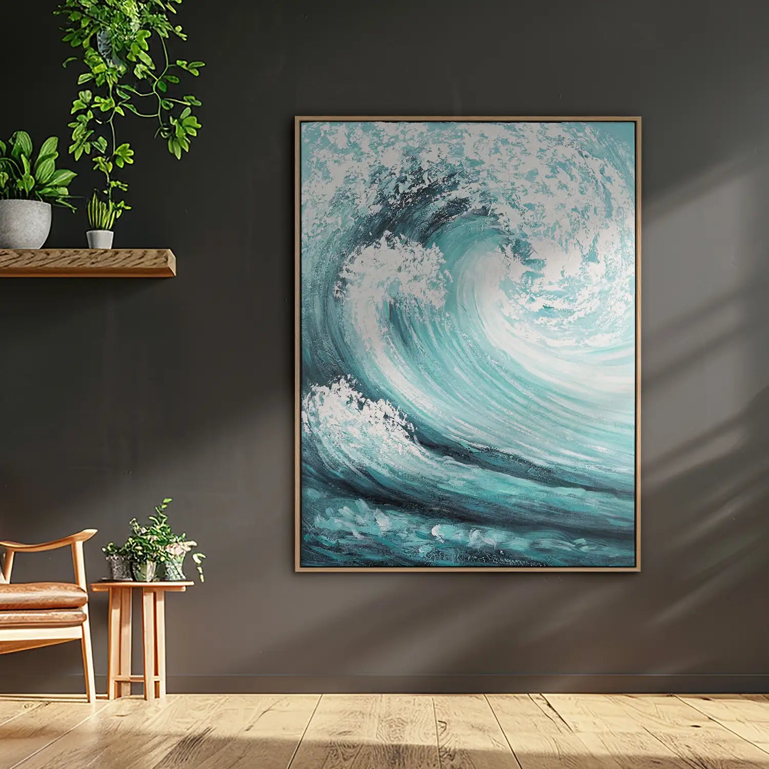 Wandbild echt handgemalt 150x200 cm im Rahmen Eiche hell, dynamische Explosion in Blau und Weiß – „Das unendliche Spiel“