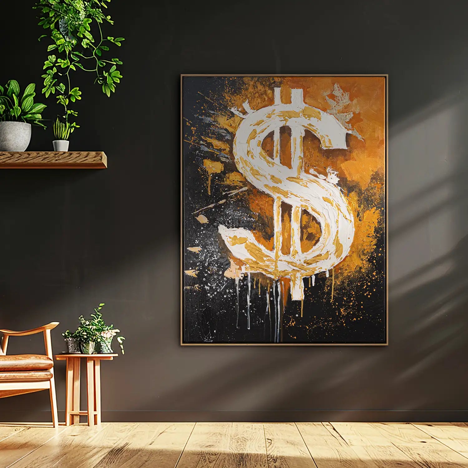 Leinwandbild 120x160 cm im Rahmen Eiche hell in Schwarz und Orange – Abstrakte Darstellung von Motivation und Erfolg – „Dollar“