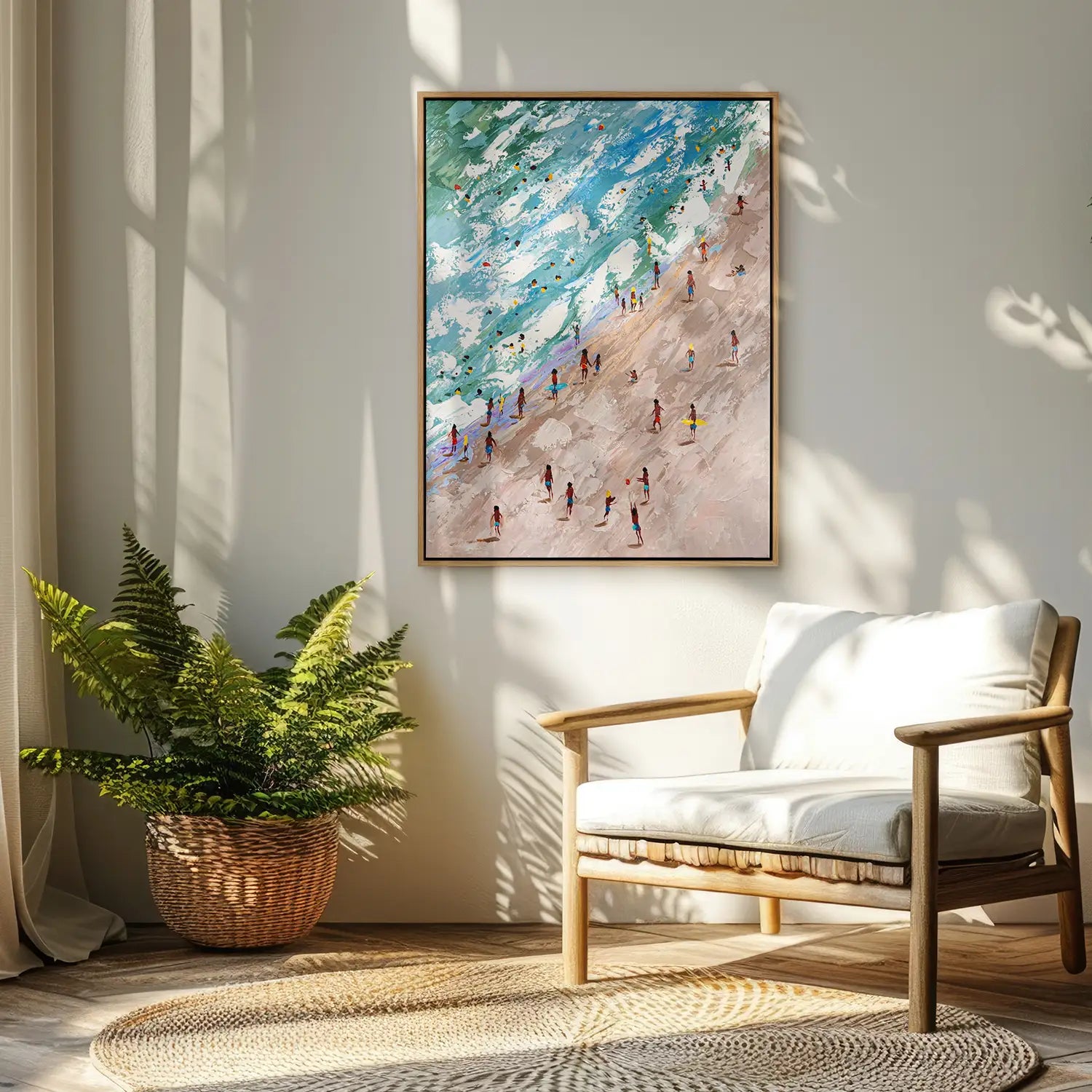 Leinwandbild 90x120 cm im Rahmen Eiche hell, handgemalt mit Acrylfarbe und Strukturpaste, in sanften Erdtönen und Meeres-Blau – „Rätsel der Existenz“ – Raetsel der Existenz