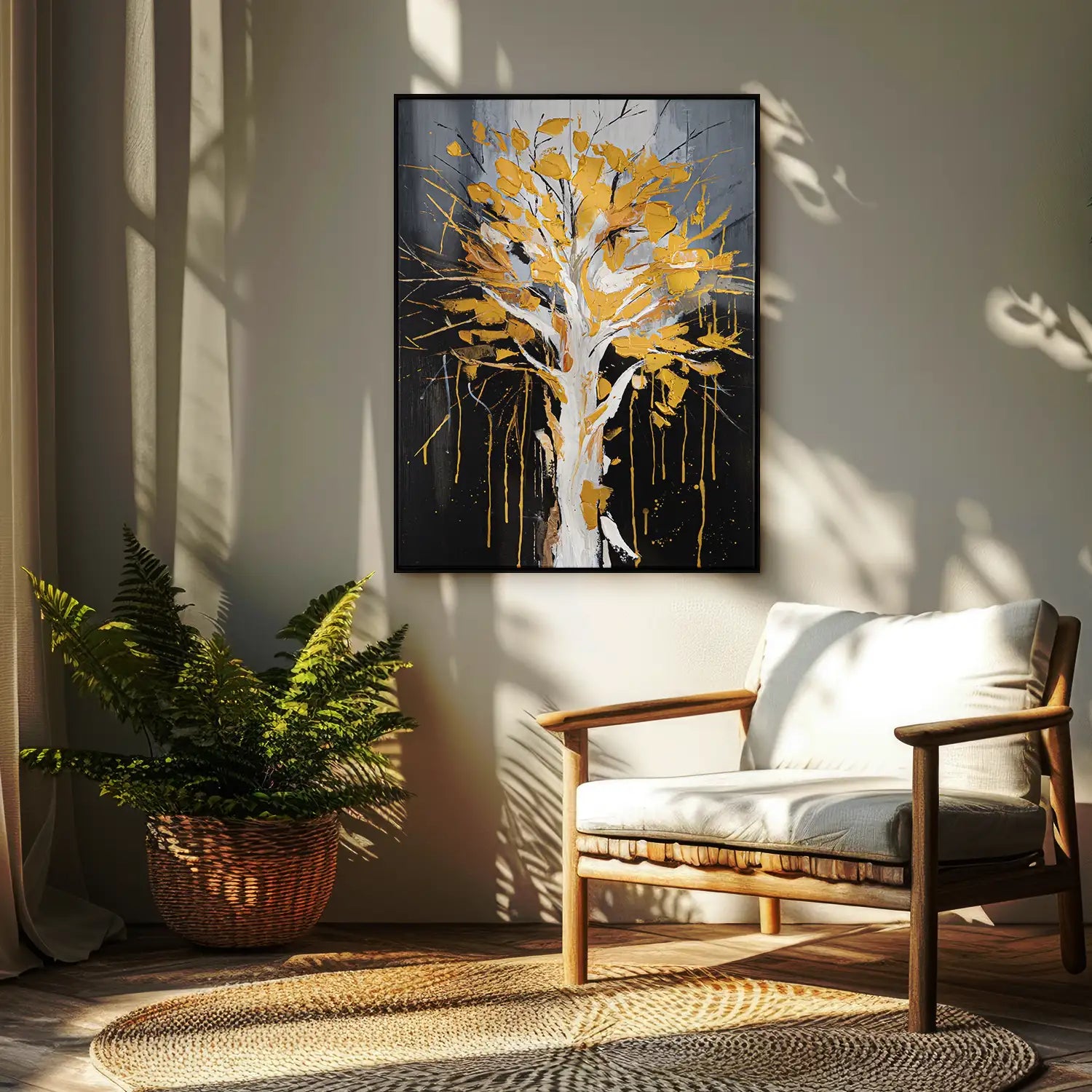 Leinwandbild handgemalt 120x160 cm im Schattenfugenrahmen Schwarz, moderne Abstraktion einer Baumkrone mit goldenen Blättern – „Golden Leaves“
