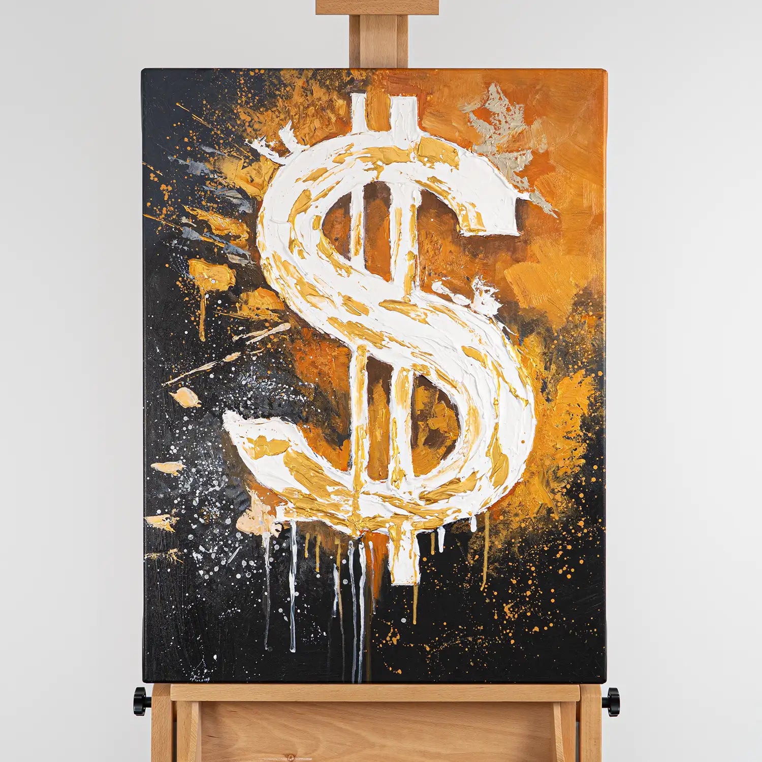 Gemälde 60x80 cm ohne Rahmen in Schwarz und Orange – ein abstraktes Spiel von Motivation und Erfolg, handgemalt mit Acryl und Strukturpaste – „Dollar“