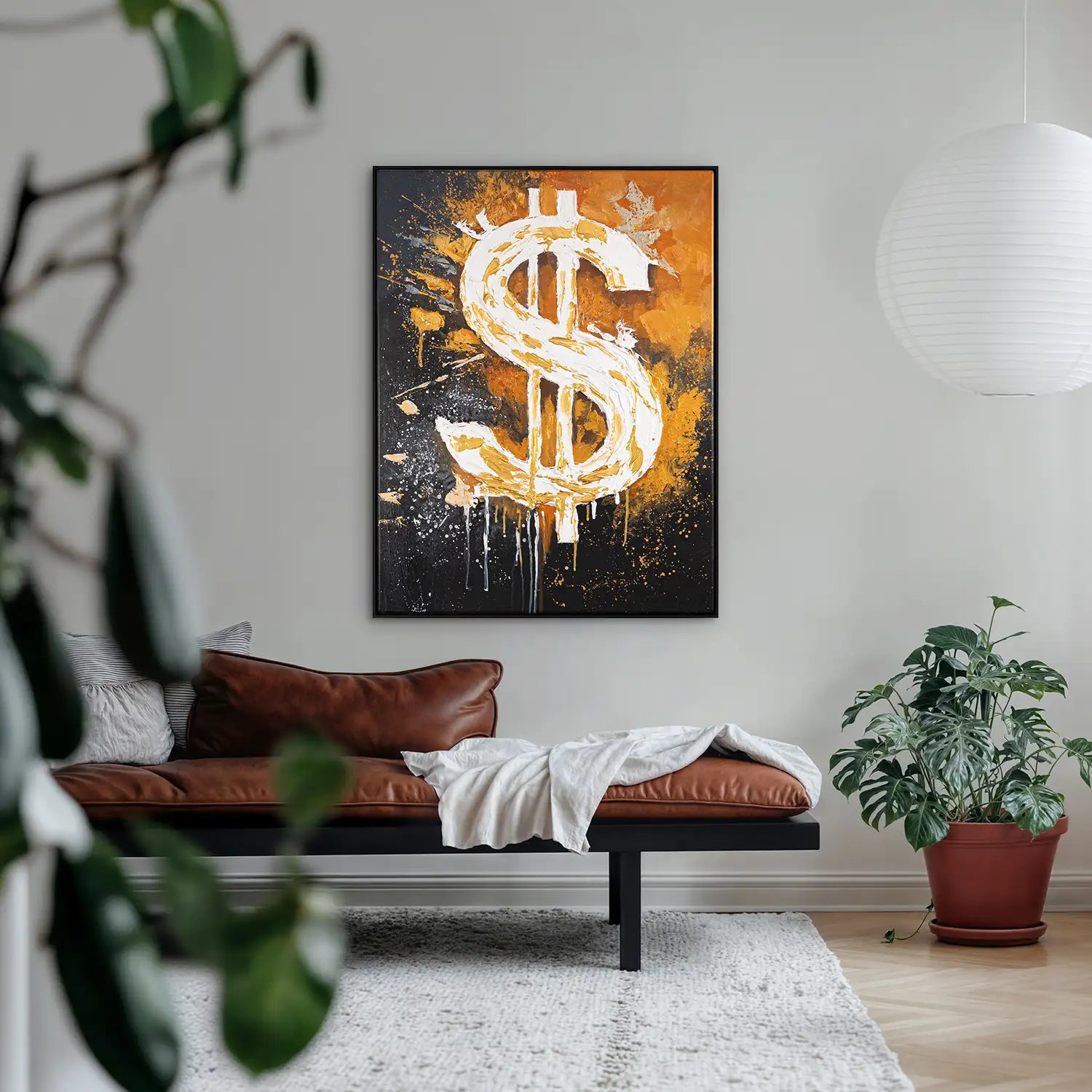 Gemälde 75x100 cm im Schattenfugenrahmen Schwarz in Orange und Schwarz – ein abstraktes Spiel von Motivation und Erfolg – „Dollar“