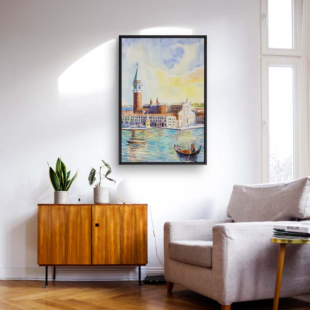 Skyline Venedig als Gemälde im schwarzen Bilderrahmen, 80x80cm