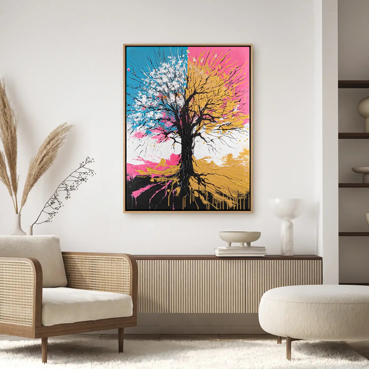 Leinwandbild handgemalt 75x100 cm im Rahmen Eiche hell, Natur und Baum in Petrol, Pink und Gold – „Chromatischer Wipfel“