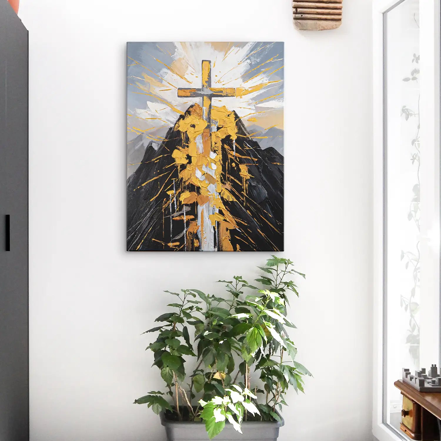 handgemaltes Gemälde 120x160 cm ohne Rahmen – ein Berg trägt das Kreuz der Erlösung in modernem, abstraktem Stil – „Berg der Vergebung“