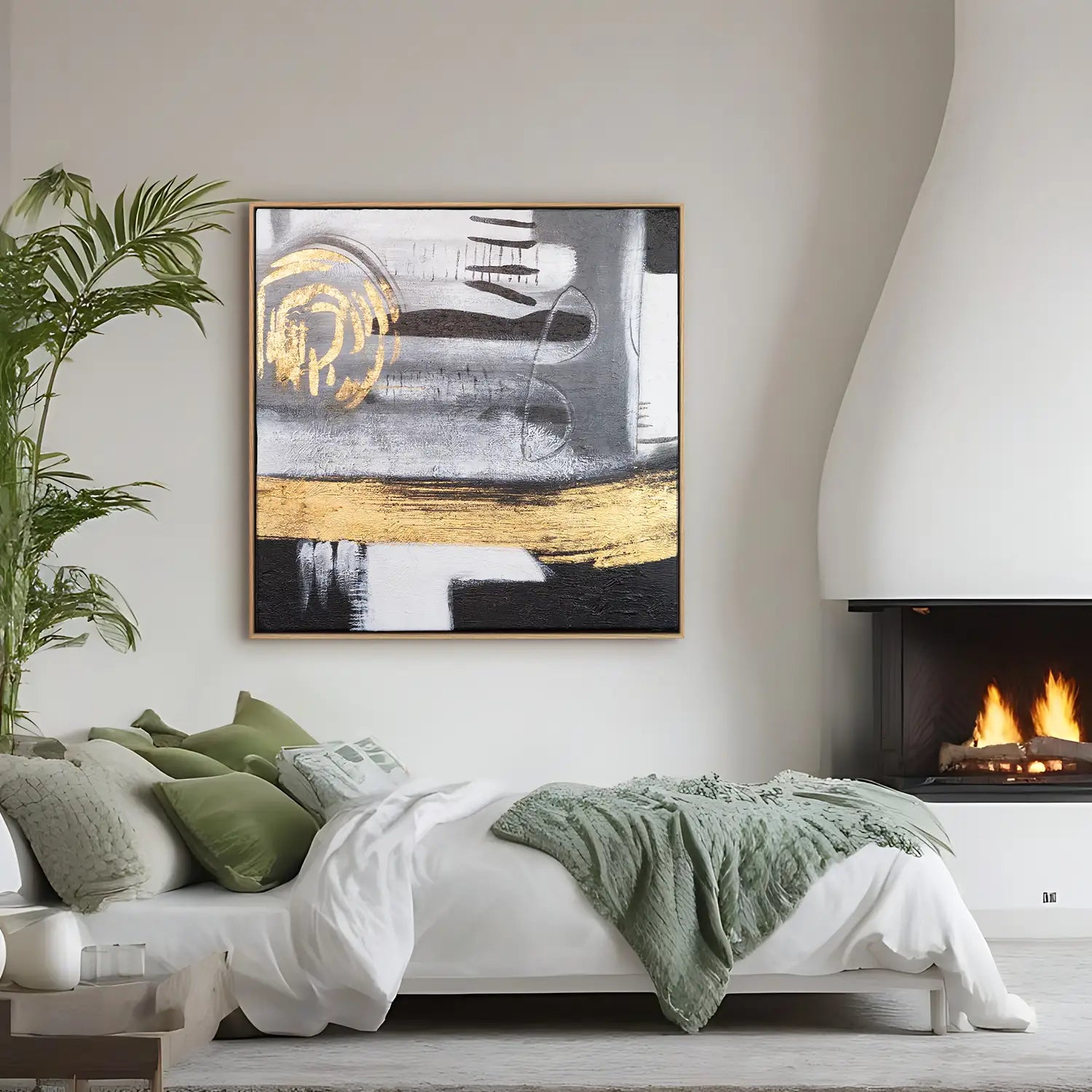 Leinwandbild handgemalt 100x100 cm im Rahmen Eiche hell, moderne Abstraktion in Gold und Grau – „Goldenes Jetzt“
