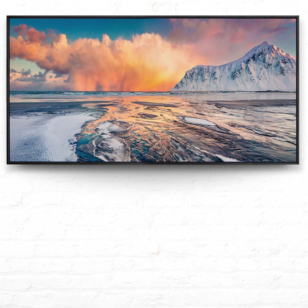 Berge & Meer Norwegen, Skagsanden beach im schwarzen Bilderrahmen, 120x60cm