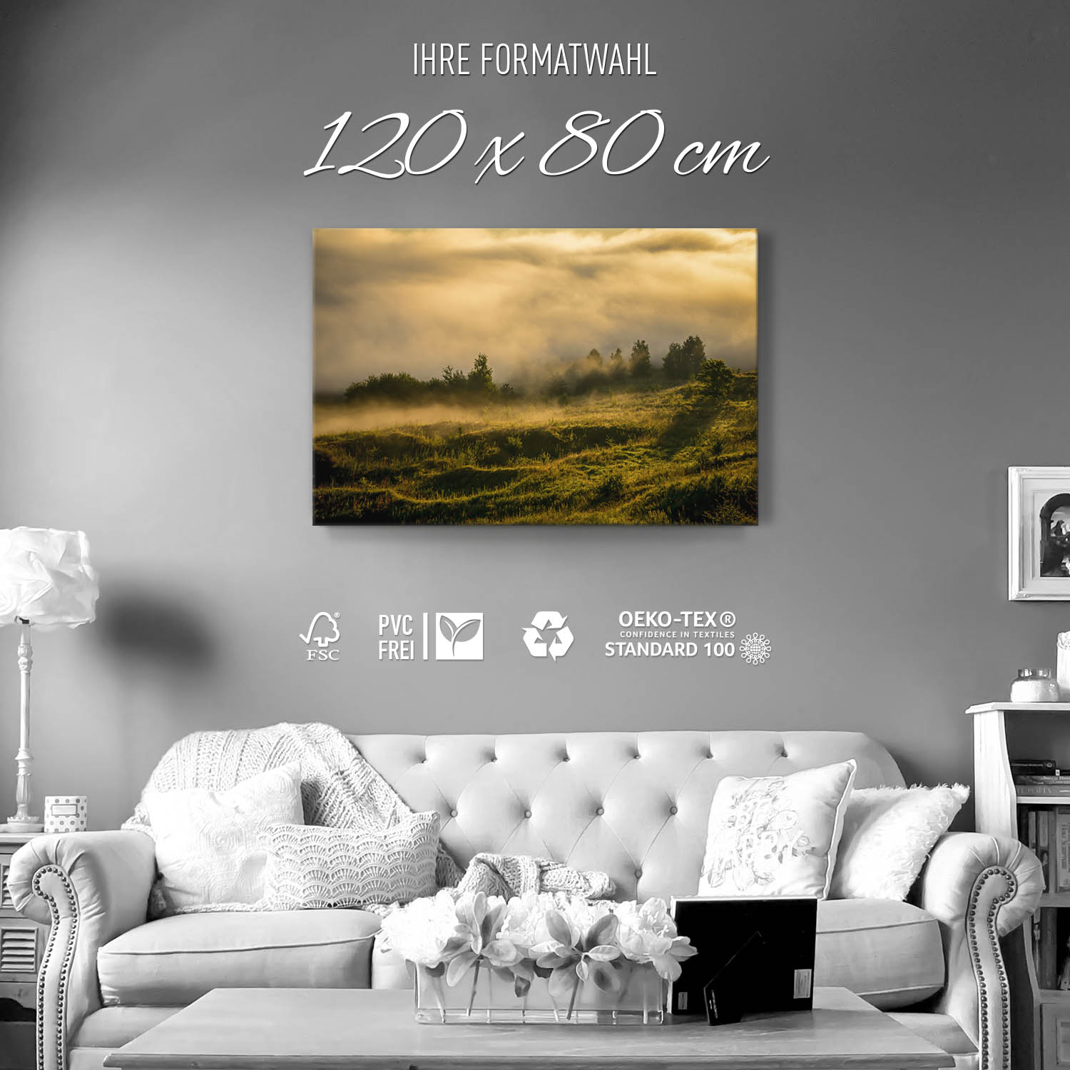Leinwand Bild 120x80cm Wald Wiese, Nebel am Morgen