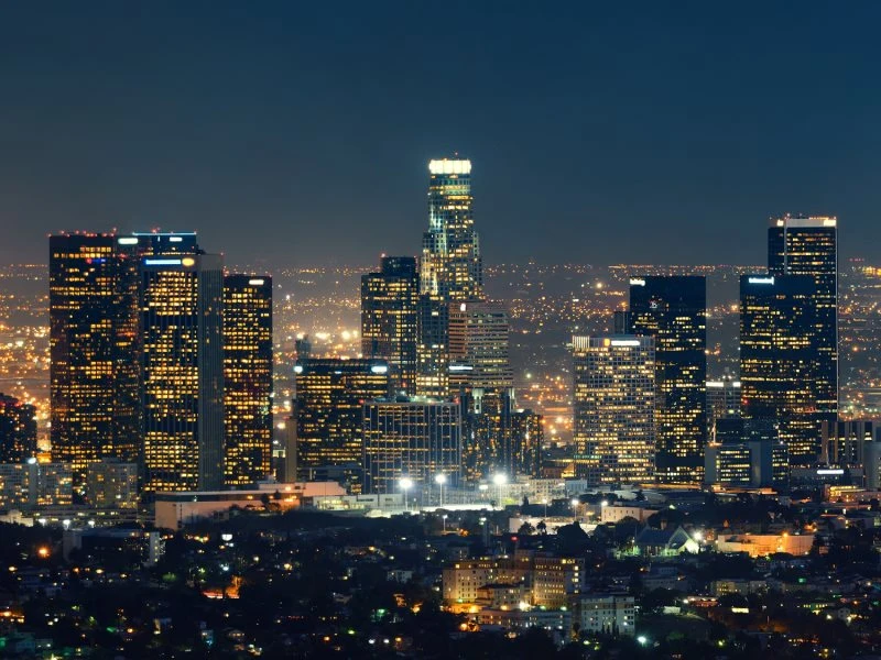 Skyline Los Angeles Nachts als Acrylglasverbund Bild 200x150cm