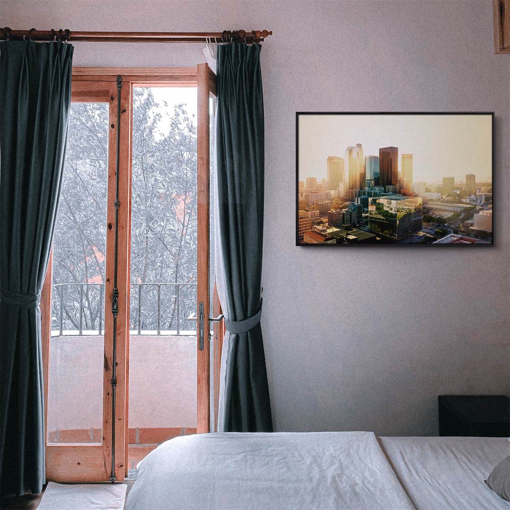 Skyline Los Angeles Sunset im schwarzen Bilderrahmen, 150x100cm