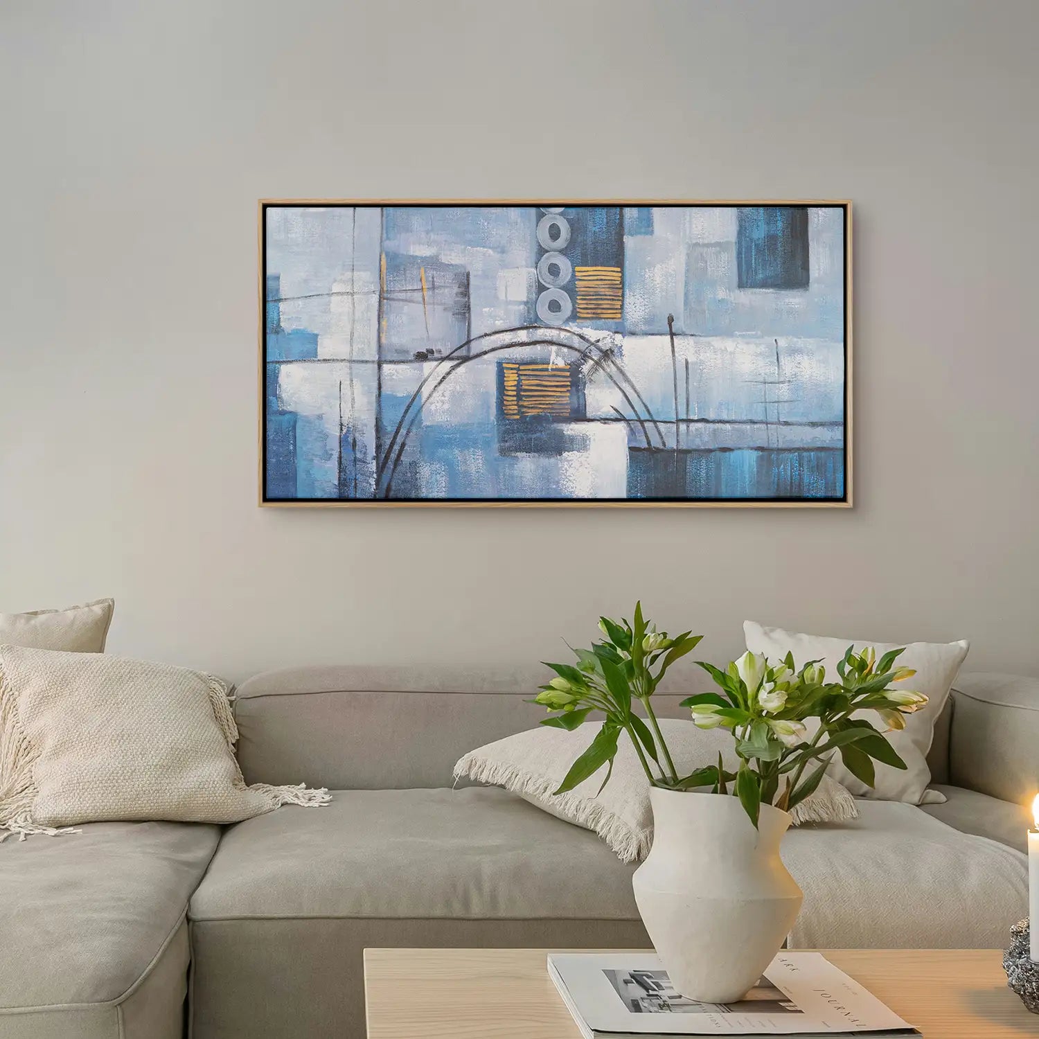 Gemälde 160x80 cm im Rahmen Eiche hell, abstrakte Pfade in tiefem Blau, handgemalt mit Acrylfarbe und Strukturpaste – „Wege der Intuition“