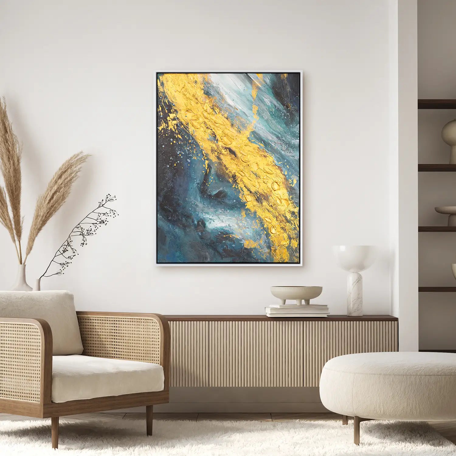 Leinwandbild handgemalt 60x80 cm im Schattenfugenrahmen Weiß, harmonische Explosion in Gold und Grünblau – „Der Raum dazwischen“
