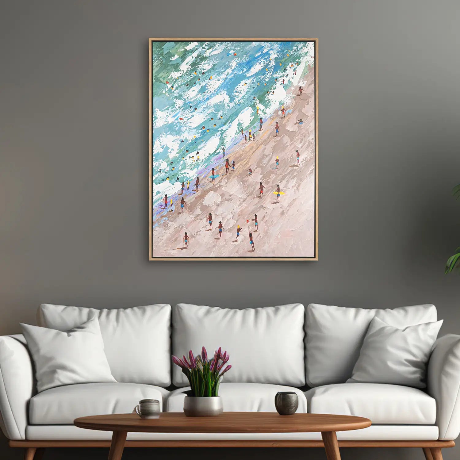 Leinwandbild 90x120 cm im Rahmen Eiche hell, handgemalt mit Acrylfarbe und Strukturpaste, in sanften Erdtönen und Meeres-Blau – „Rätsel der Existenz“ – Raetsel der Existenz