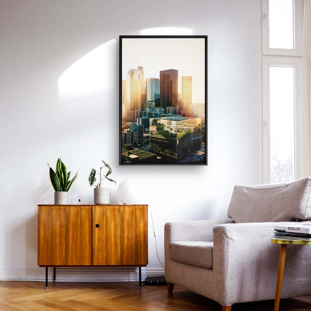 Skyline Los Angeles Sunset im Hochformat 60x90cm mit schwarzen Bilderrahmen