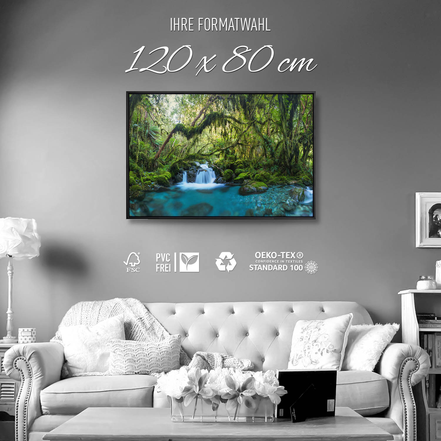 Dschungel idylischer Bachlauf im schwarzen Bilderrahmen, 120x80cm