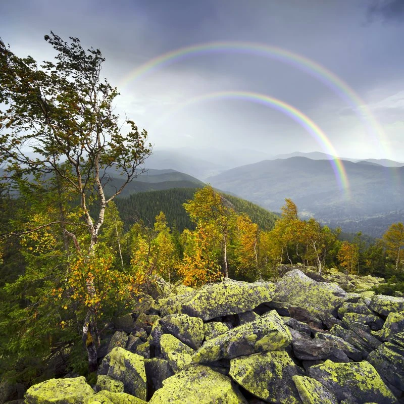 Berge & Gebirge Regenbogen als Alu-Dibond Bild 50x50cm