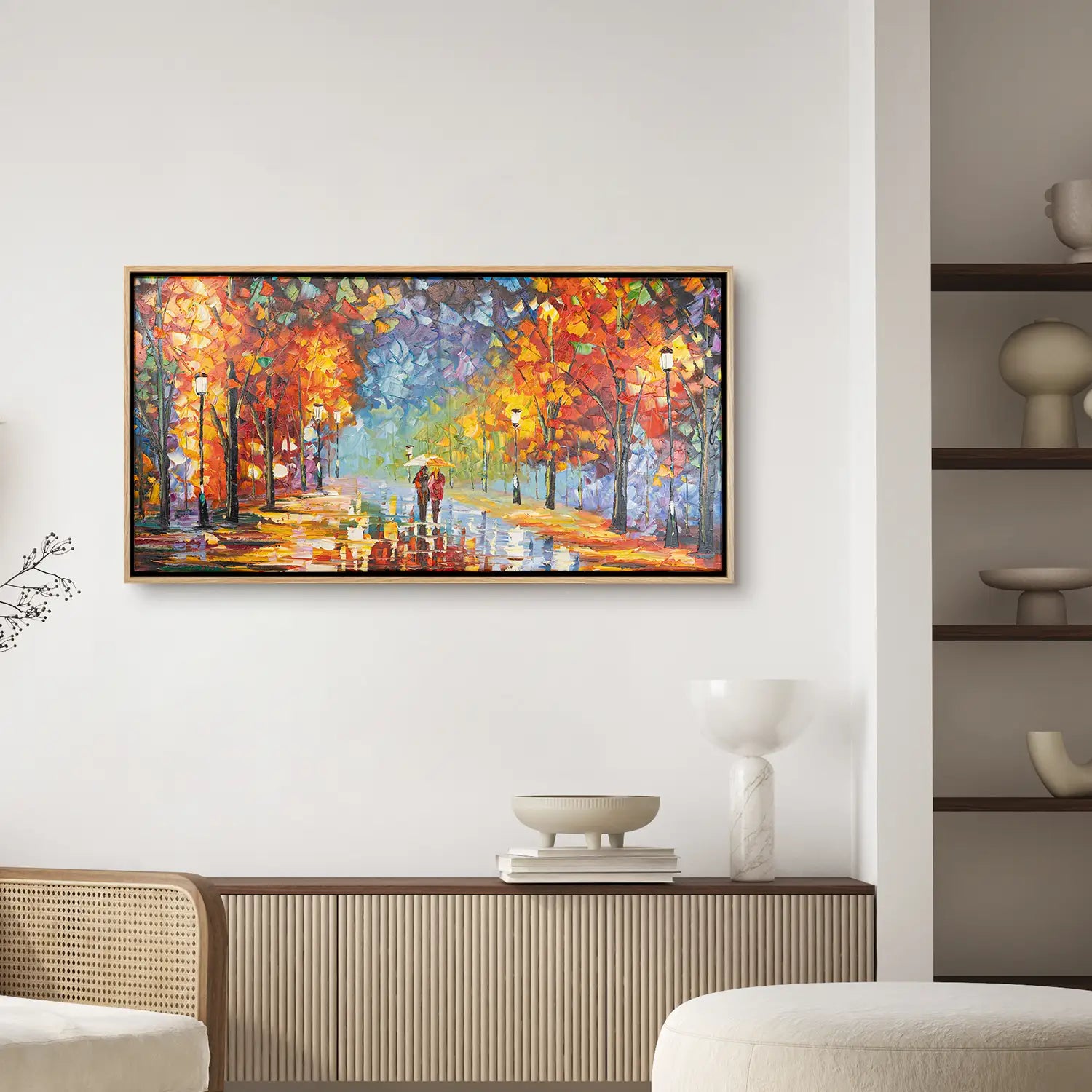 Wandbild 100x50 cm im Rahmen Eiche hell – Abstrakte Nachtlandschaft mit urbanem Flair, handgemalt in Acryl und Strukturpaste, ein Pärchen auf leuchtendem Weg – „Der Weg des Lichts“