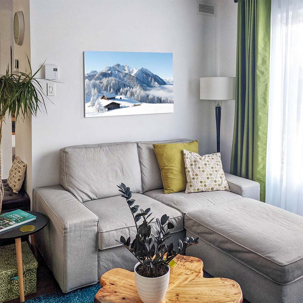 Berge & Gebirge Winterpanorama mit Hütte als Acrylglasverbund Bild 180x120cm
