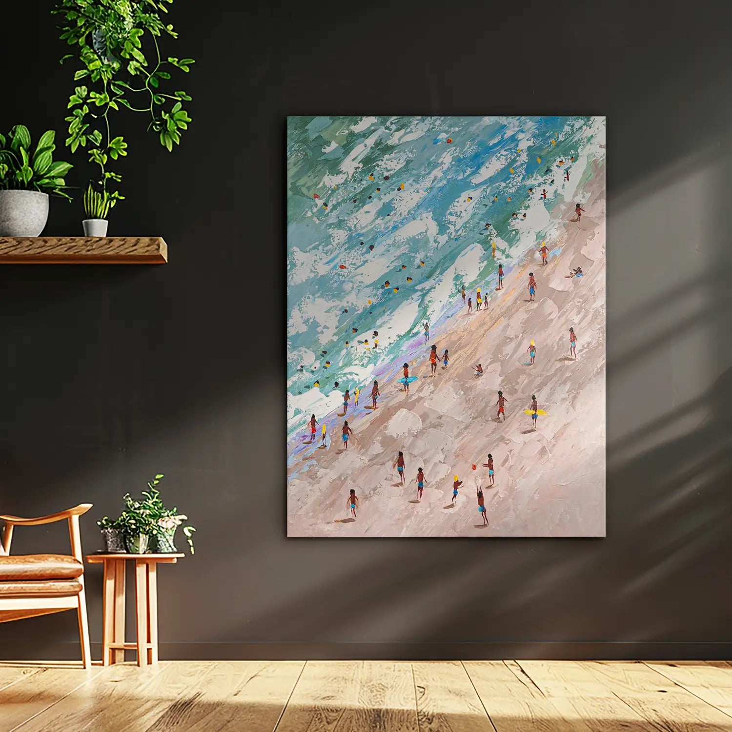 Gemälde 90x120 cm ohne Rahmen in sanften Erdtönen und Meeres-Blau – abstrakte Erkundung der menschlichen Existenz am Strand – „Rätsel der Existenz“ – Raetsel der Existenz